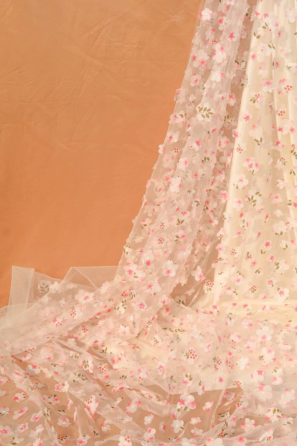 3D Appliqué Floral Tulle: 3D Flowers on Sheer Net (44" Width)