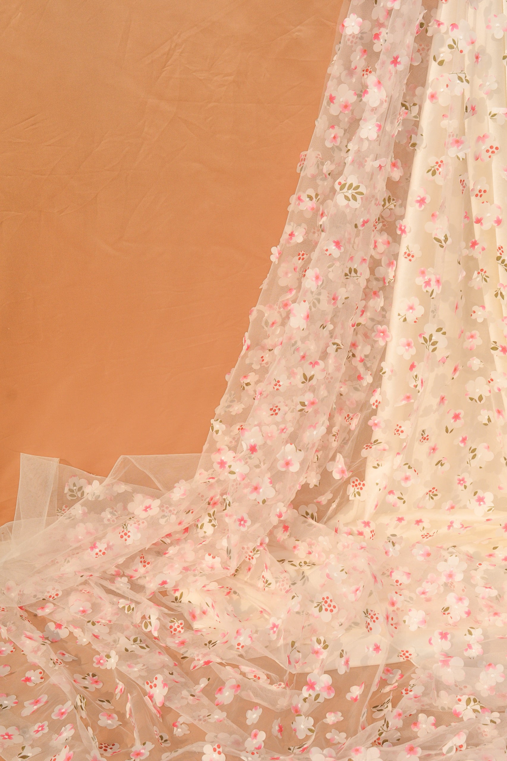 3D Appliqué Floral Tulle: 3D Flowers on Sheer Net (44" Width)