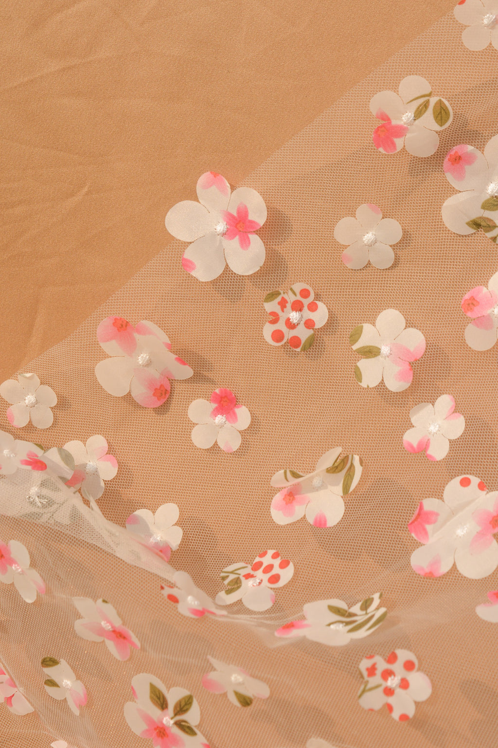 3D Appliqué Floral Tulle: 3D Flowers on Sheer Net (44" Width)