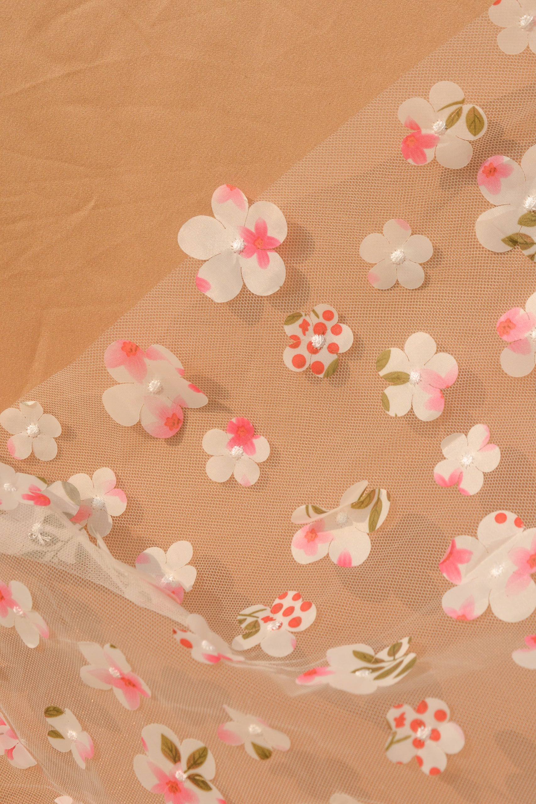 3D Appliqué Floral Tulle: 3D Flowers on Sheer Net (44" Width)