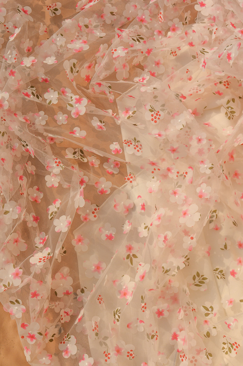 3D Appliqué Floral Tulle: 3D Flowers on Sheer Net (44" Width)