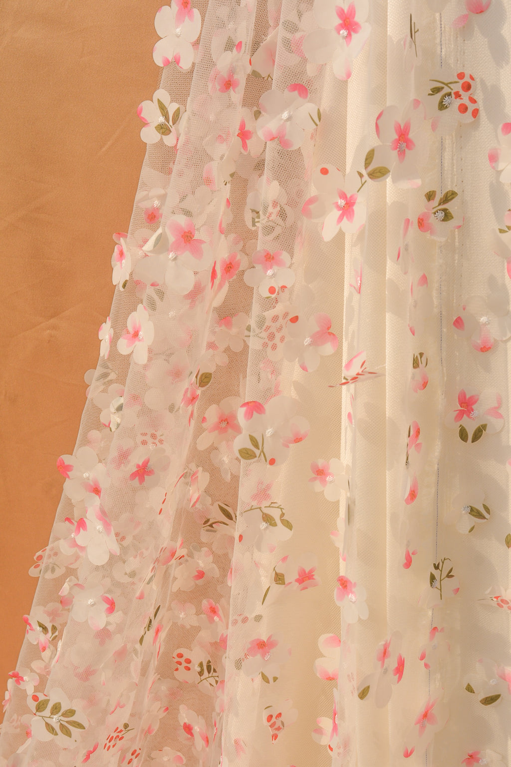3D Appliqué Floral Tulle: 3D Flowers on Sheer Net (44" Width)