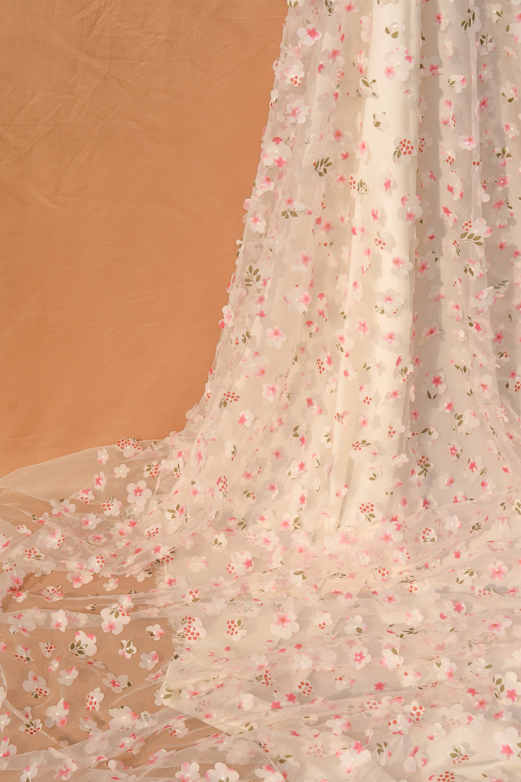 3D Appliqué Floral Tulle: 3D Flowers on Sheer Net (44" Width)