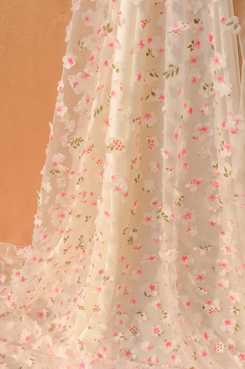 3D Appliqué Floral Tulle: 3D Flowers on Sheer Net (44" Width)