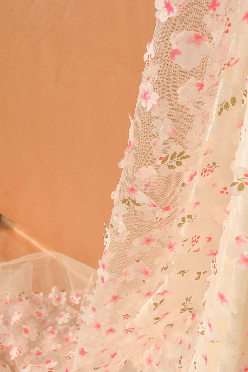 3D Appliqué Floral Tulle: 3D Flowers on Sheer Net (44" Width)