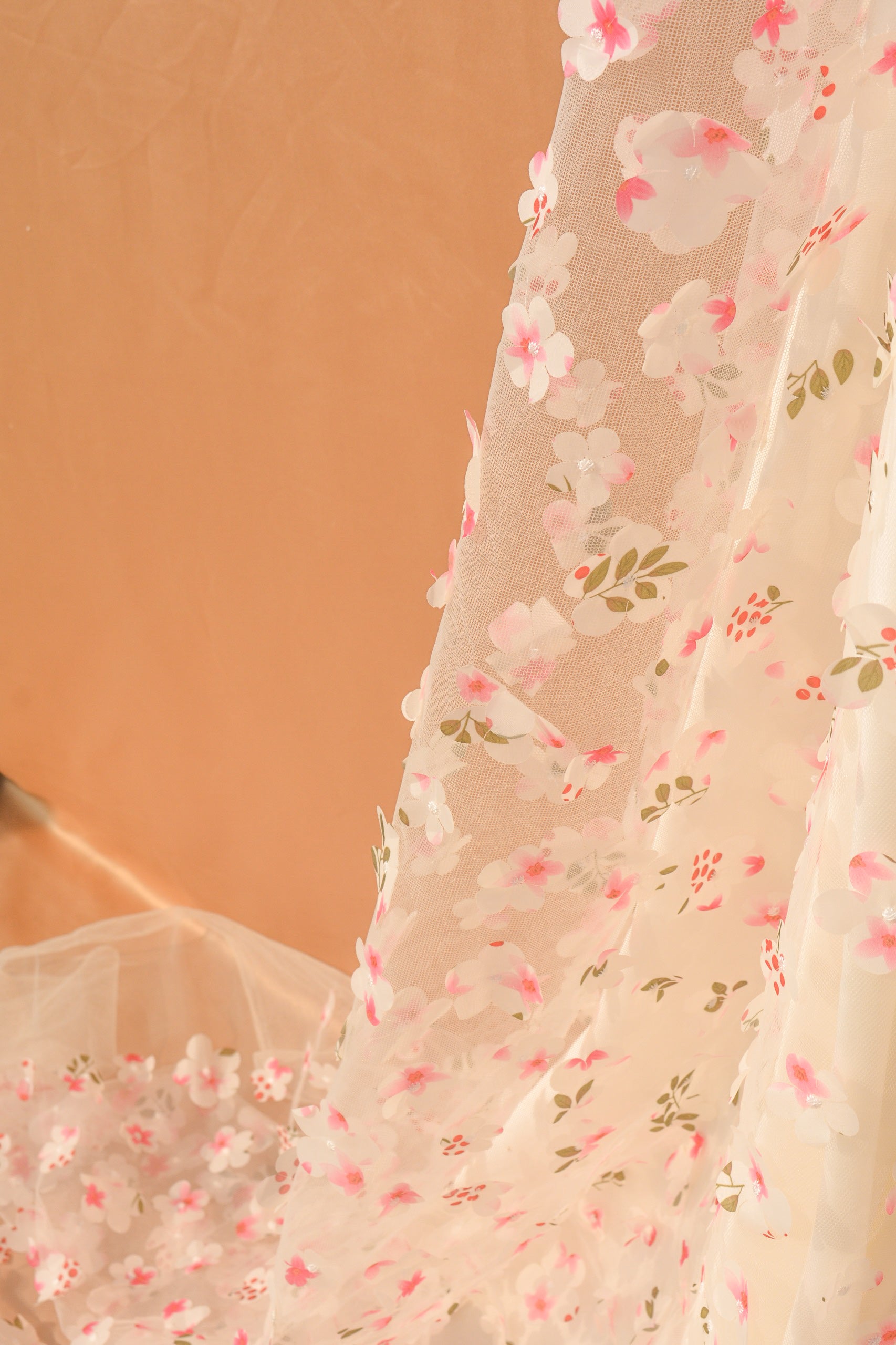 3D Appliqué Floral Tulle: 3D Flowers on Sheer Net (44" Width)