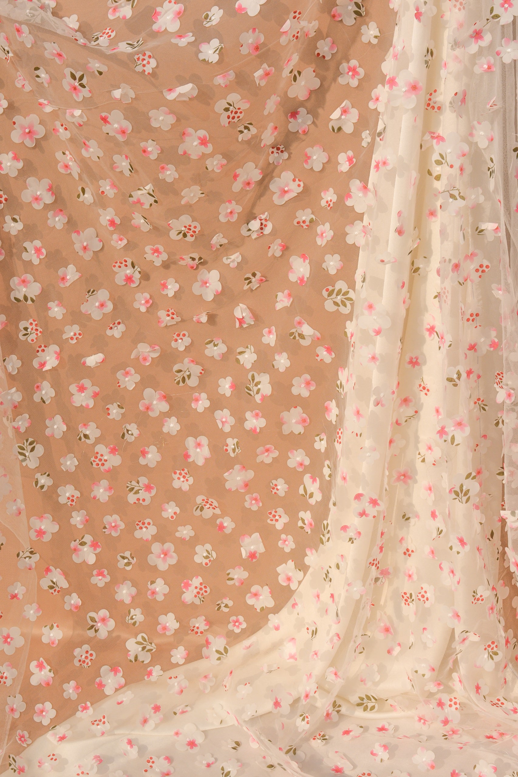 3D Appliqué Floral Tulle: 3D Flowers on Sheer Net (44" Width)