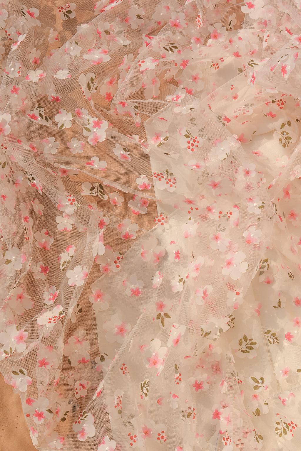 3D Appliqué Floral Tulle: 3D Flowers on Sheer Net (44" Width)