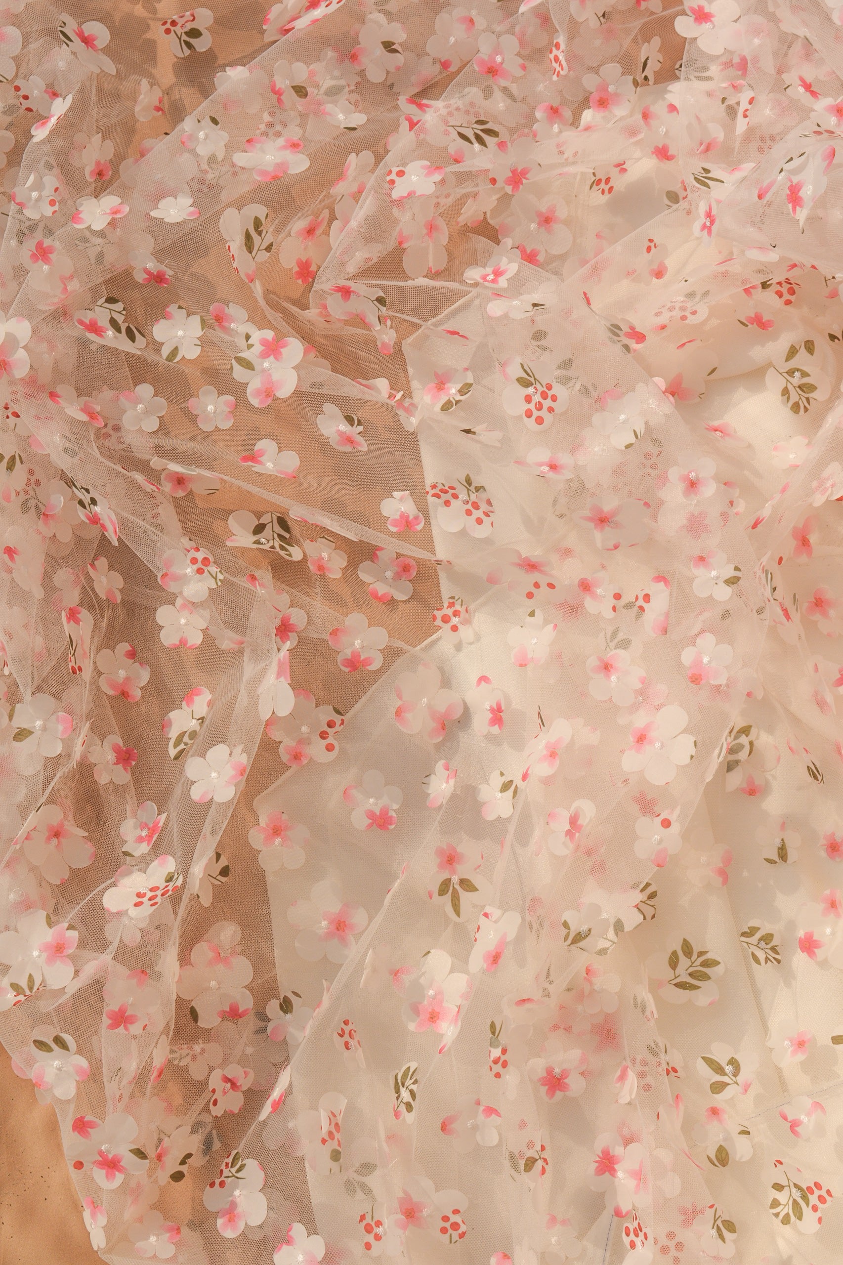 3D Appliqué Floral Tulle: 3D Flowers on Sheer Net (44" Width)