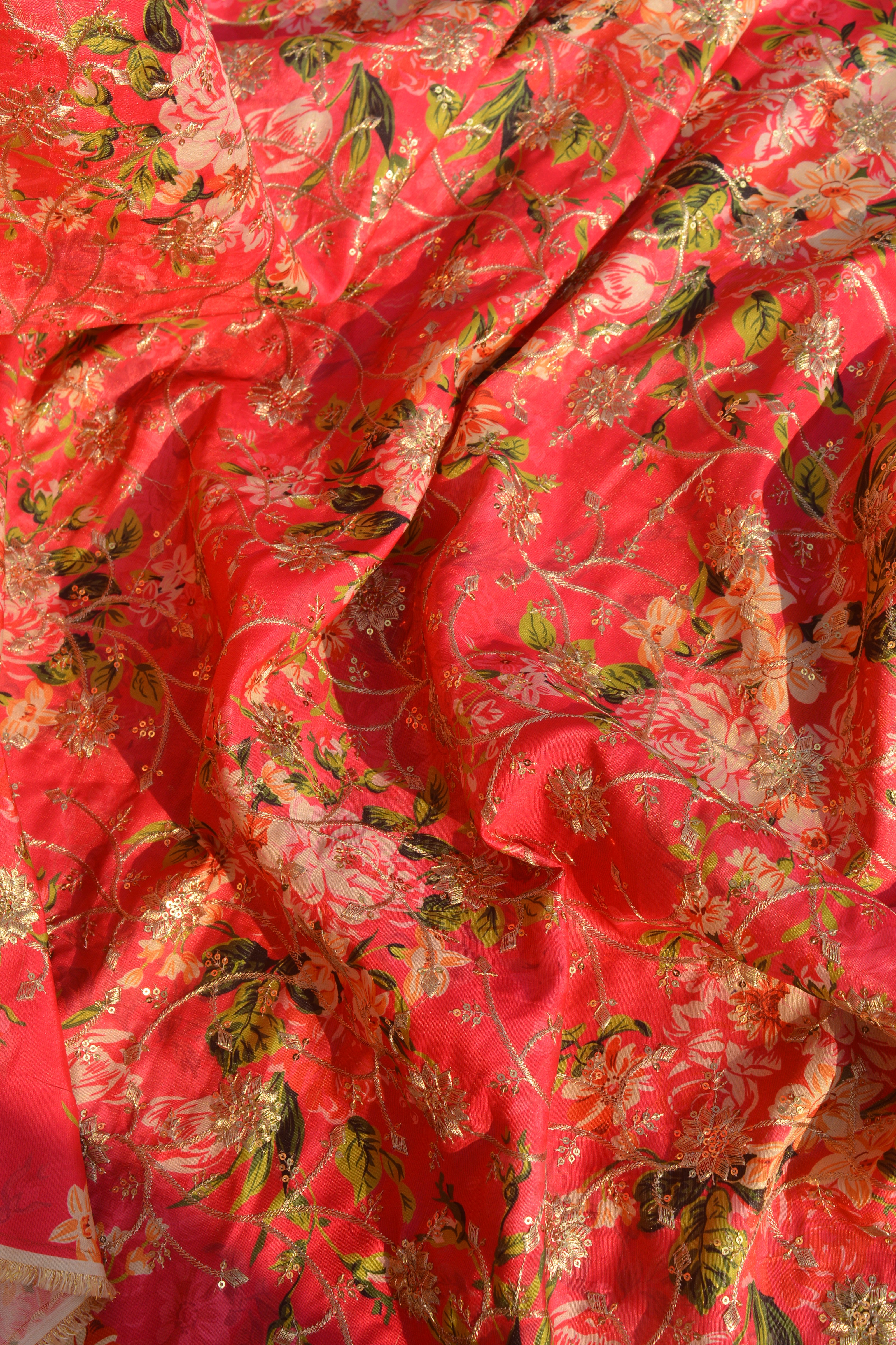 Printed Silk Blend: Golden-Thread Embroidered Fabric