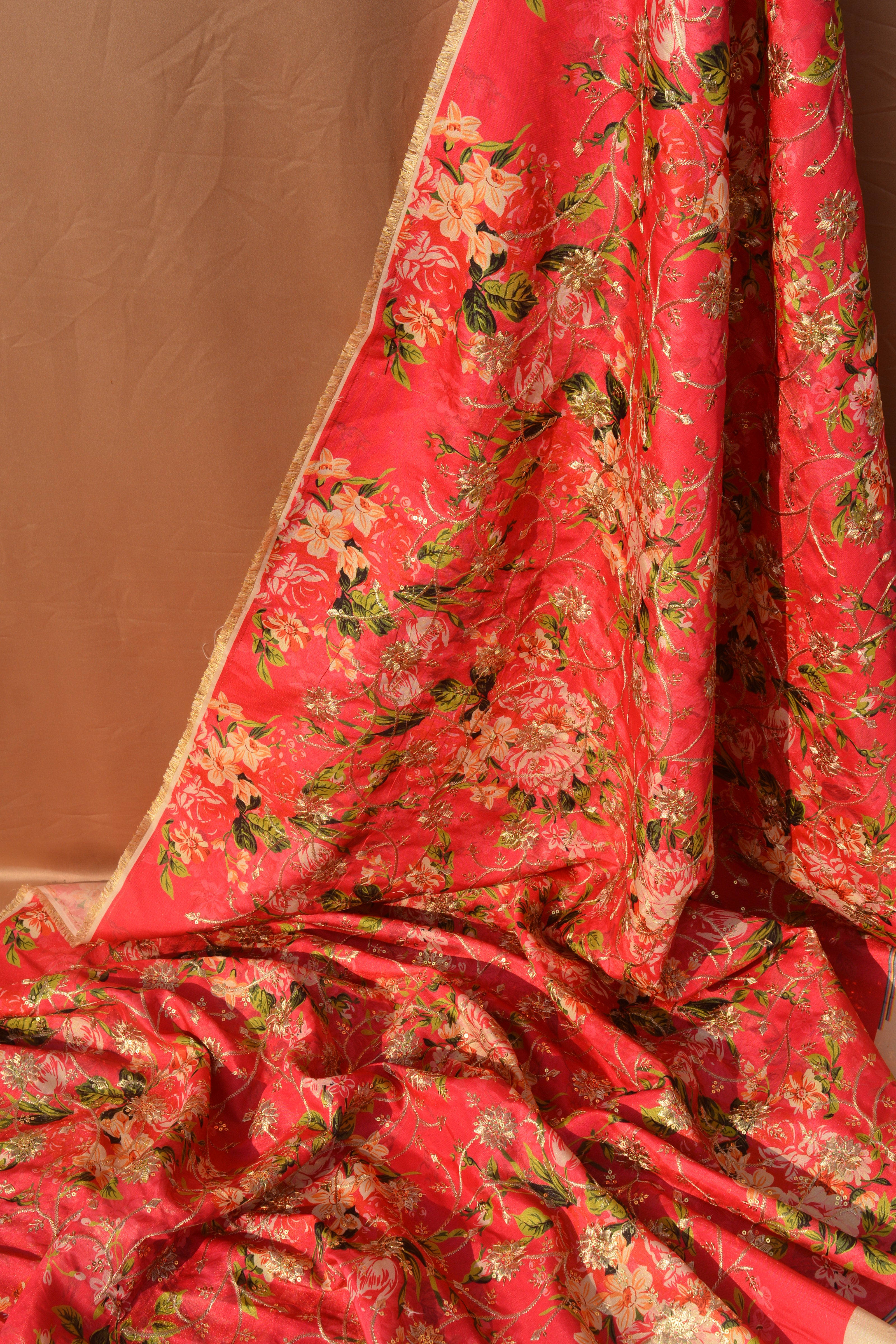 Printed Silk Blend: Golden-Thread Embroidered Fabric