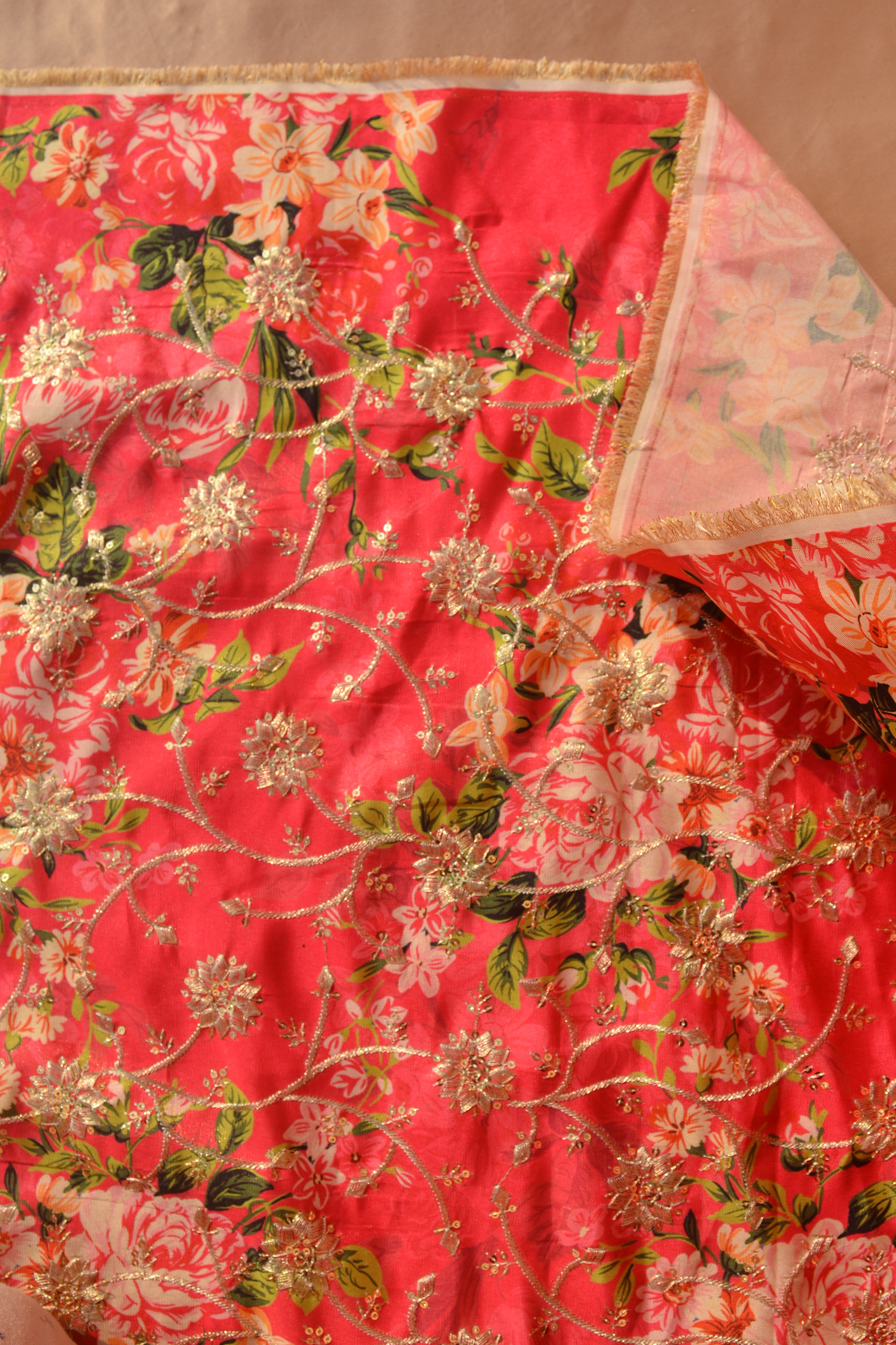 Printed Silk Blend: Golden-Thread Embroidered Fabric