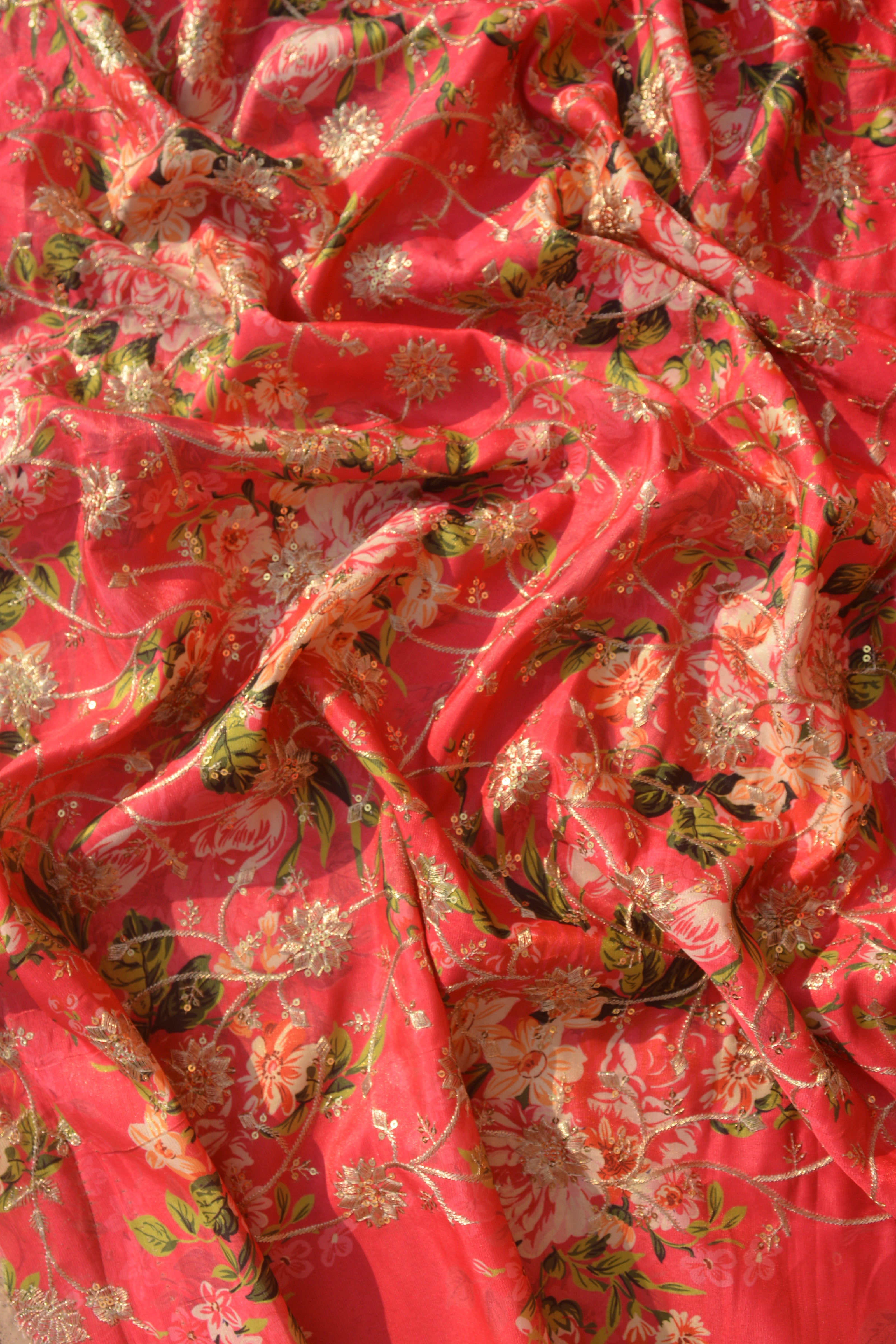 Printed Silk Blend: Golden-Thread Embroidered Fabric