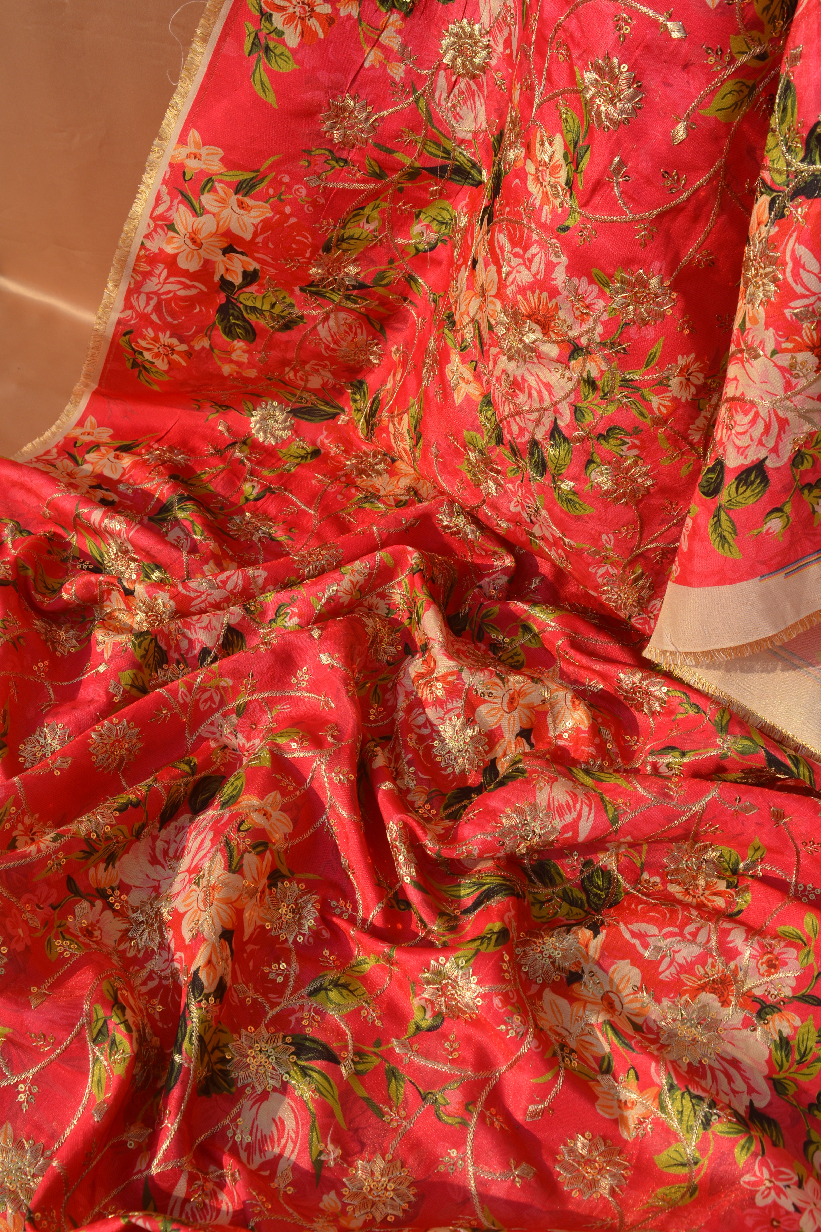 Printed Silk Blend: Golden-Thread Embroidered Fabric