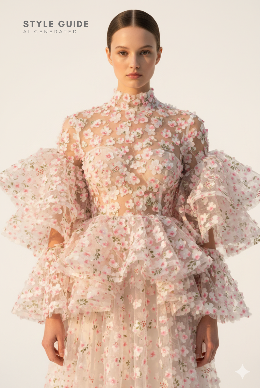 3D Appliqué Floral Tulle: 3D Flowers on Sheer Net (44" Width)